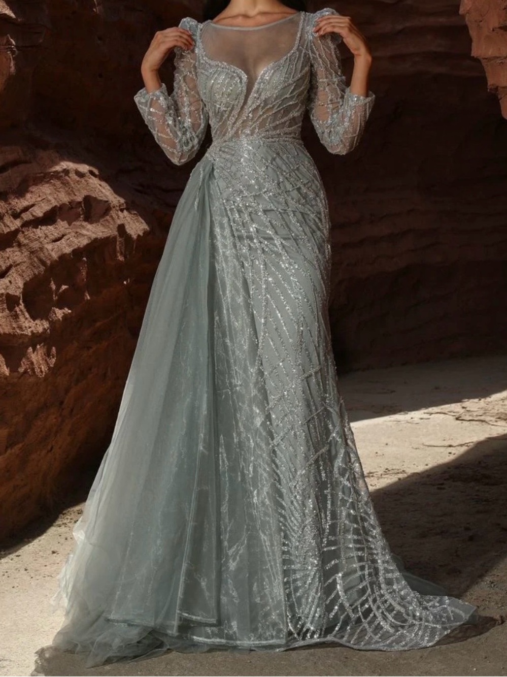 Stunning Mint Green Long Sleeve Evening Gown